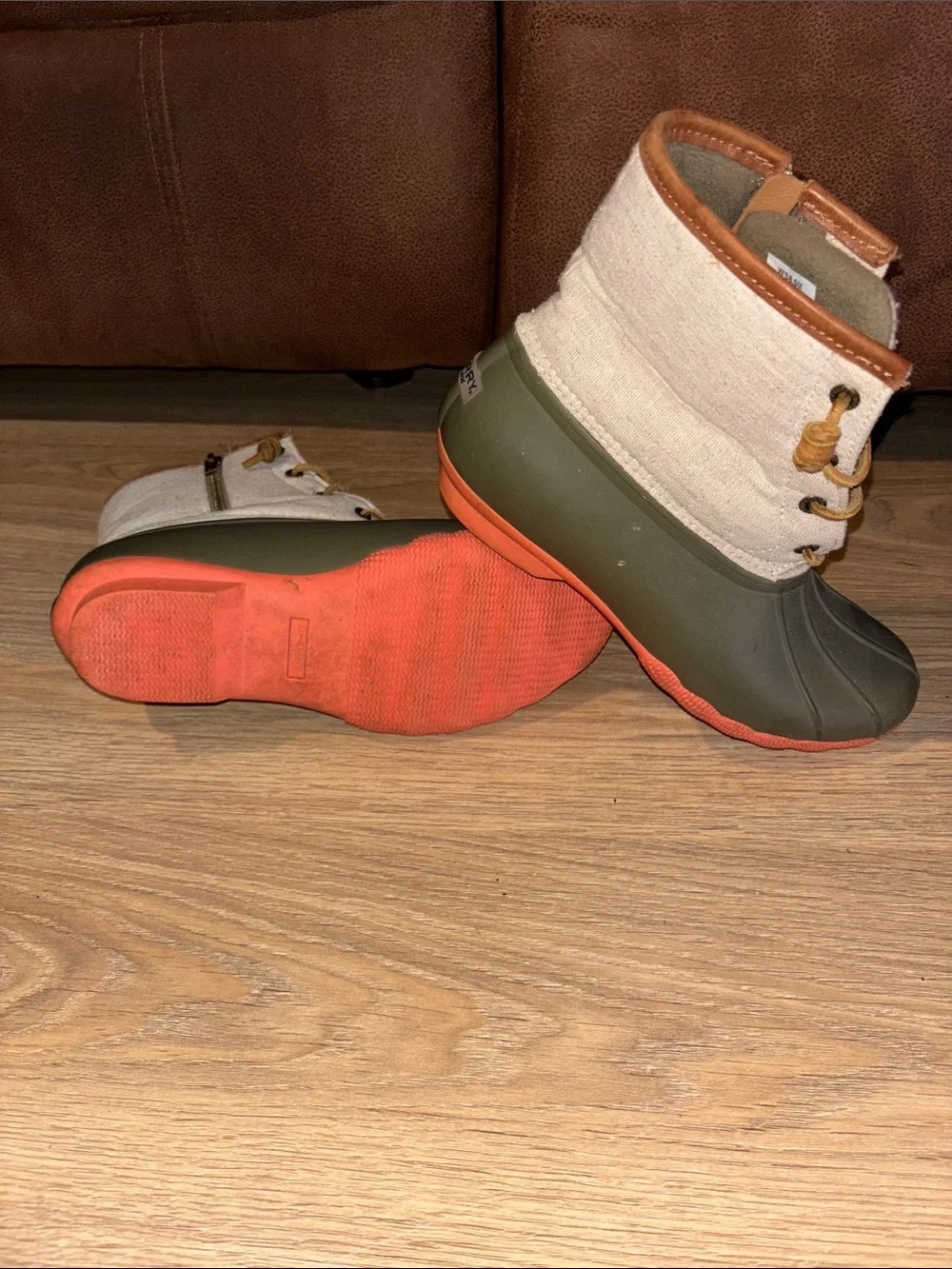 Women’s Sperry Duck Olive Rubber & Cream Canvas Boots with Orange Soles